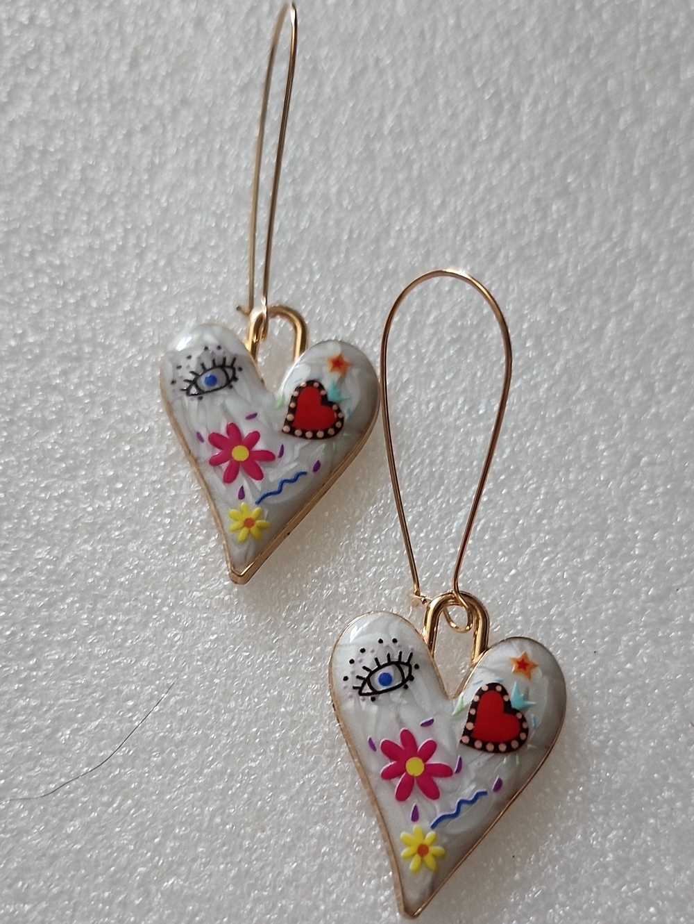 Hand Crafted White Heart Earrings with Red, Pink, Yellow & Blue Accents